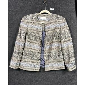 Karen Lawrence Jacket Womens 12 Beige Black Brocade Jacquard Made in USA Evening